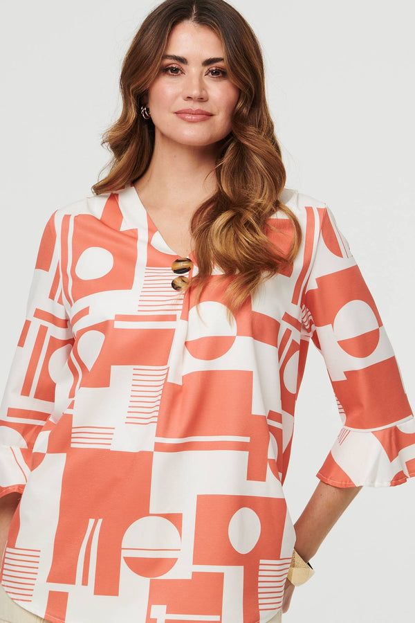 Orange | Geo Print 3/4 Flared Sleeve Blouse