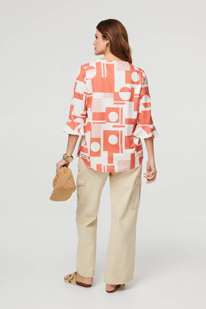 Orange | Geo Print 3/4 Flared Sleeve Blouse