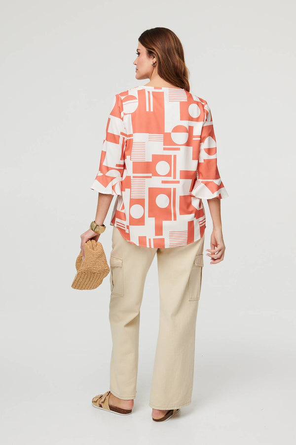 Orange | Geo Print 3/4 Flared Sleeve Blouse