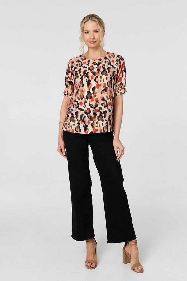 Orange | Animal Print Short Sleeve Relaxed Blouse