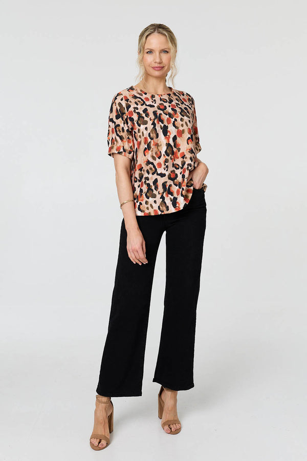 Orange | Animal Print Short Sleeve Relaxed Blouse