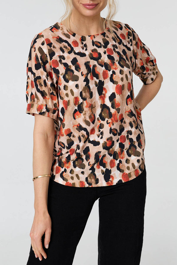 Orange | Animal Print Short Sleeve Relaxed Blouse