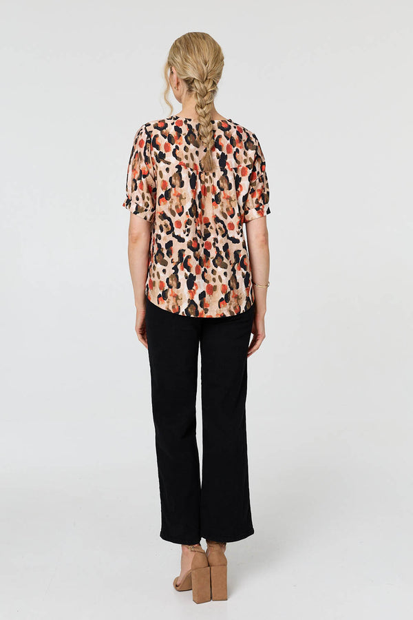 Orange | Animal Print Short Sleeve Relaxed Blouse