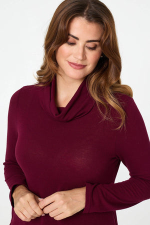 Red | Cowl Neck Asymmetric Long Sleeve Top

