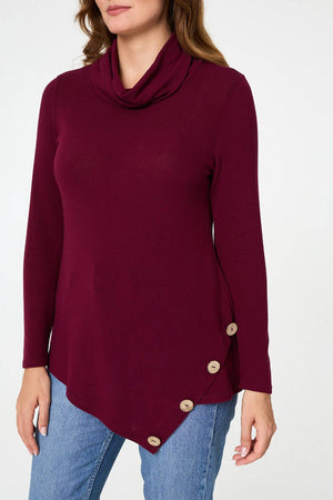 Red | Cowl Neck Asymmetric Long Sleeve Top
