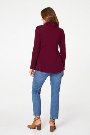 Red | Cowl Neck Asymmetric Long Sleeve Top
