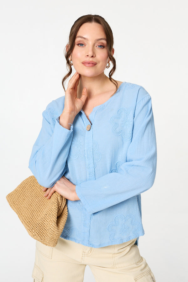 Light Blue | Floral Embroidered Relaxed Blouse