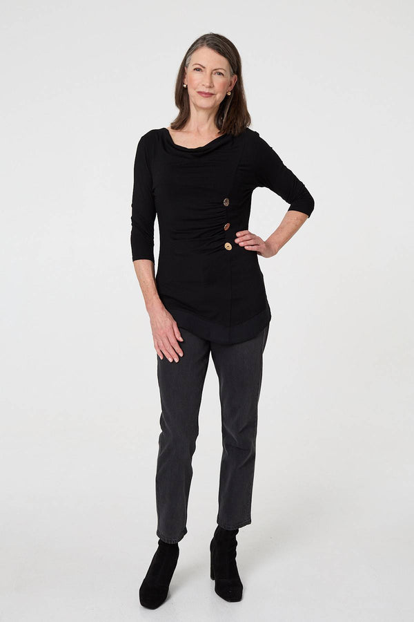 Black | Button Detail Ruched 3/4 Sleeve Top
