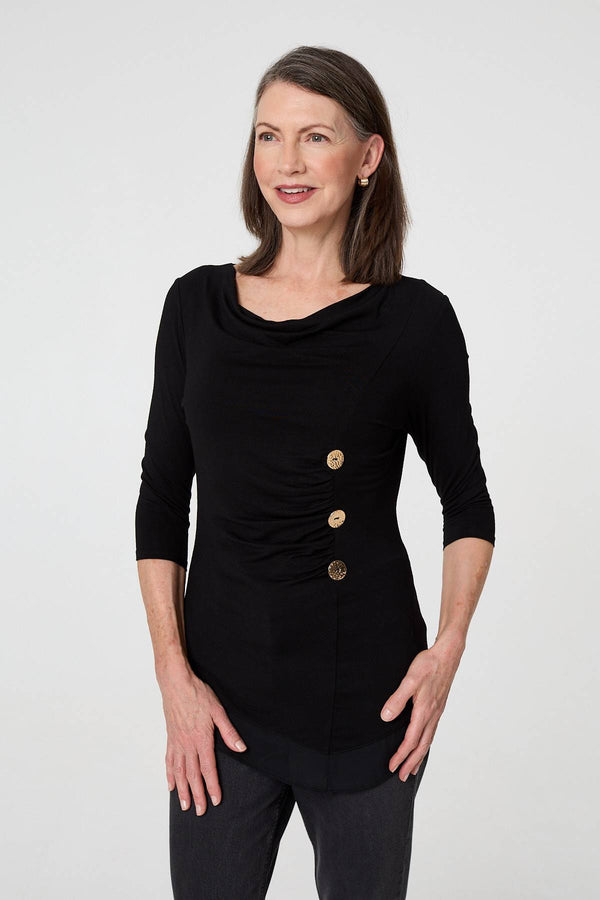 Black | Button Detail Ruched 3/4 Sleeve Top
