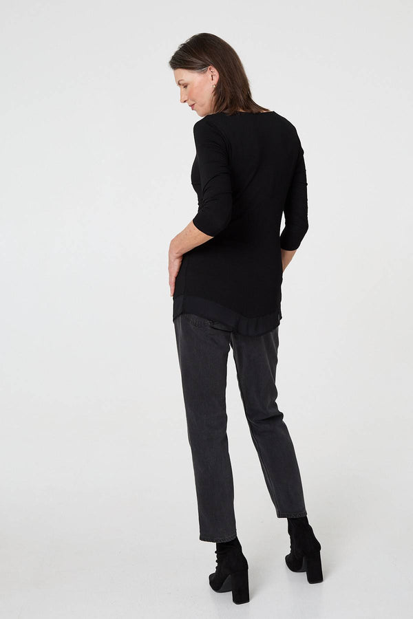 Black | Button Detail Ruched 3/4 Sleeve Top

