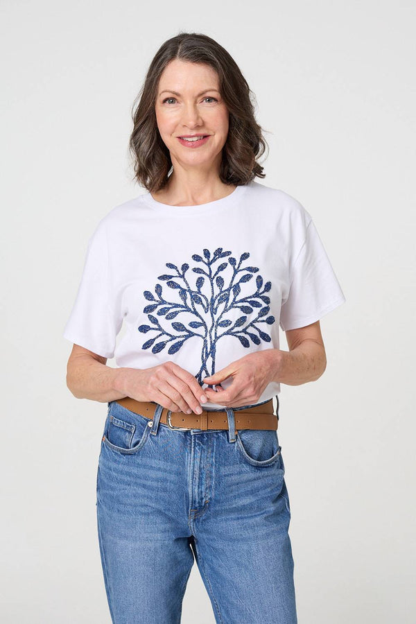 Navy | Sparkly Graphic Print Short Sleeve Top
