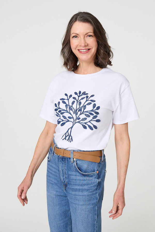 Navy | Sparkly Graphic Print Short Sleeve Top
