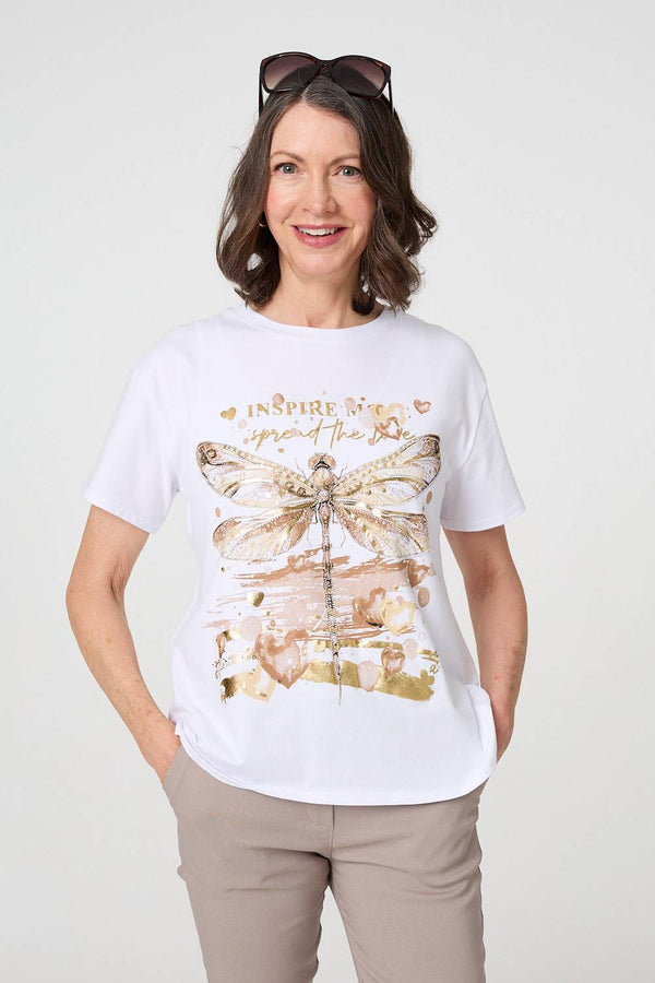 White | Graphic Print Metallic Detail T-Shirt