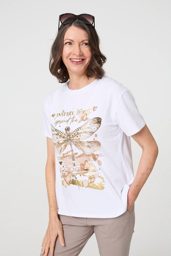 White | Graphic Print Metallic Detail T-Shirt