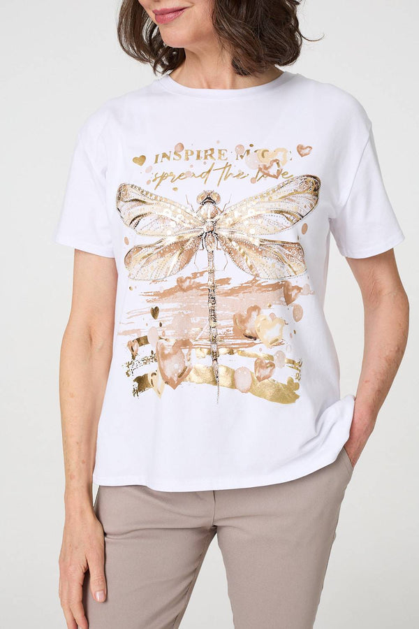 White | Graphic Print Metallic Detail T-Shirt