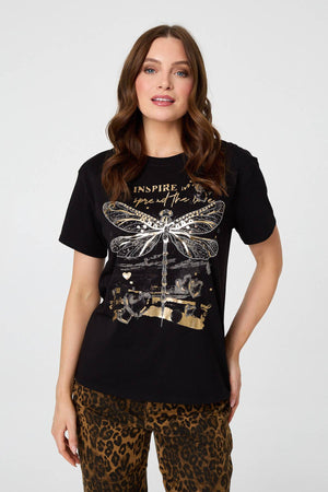 Black | Graphic Print Metallic Detail T-Shirt