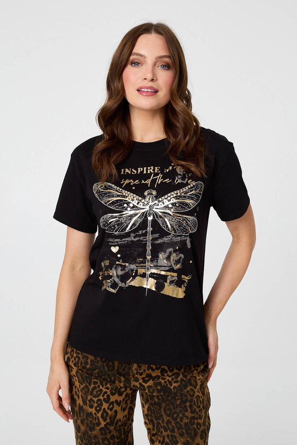 Black | Graphic Print Metallic Detail T-Shirt