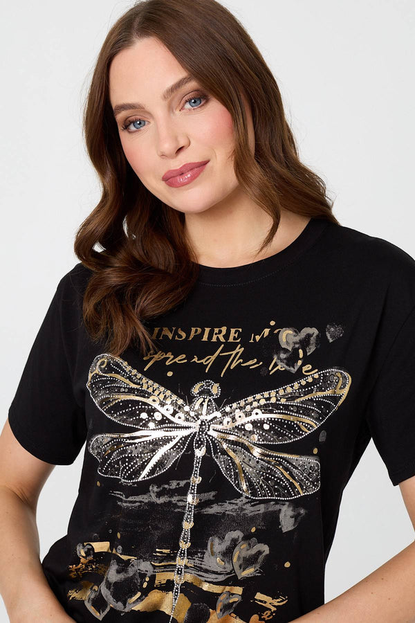 Black | Graphic Print Metallic Detail T-Shirt