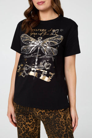 Black | Graphic Print Metallic Detail T-Shirt