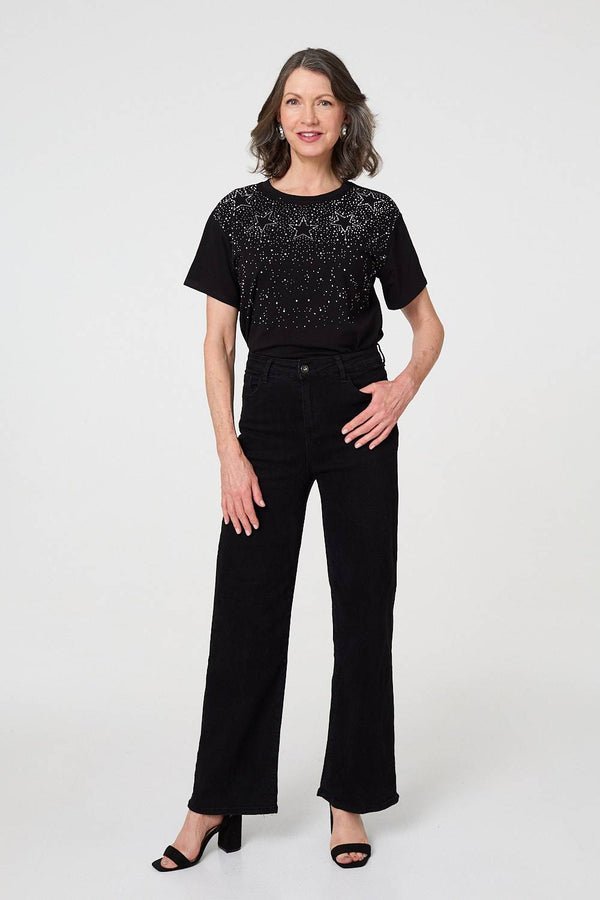 Black | Sparkly Star Print Short Sleeve T-Shirt
