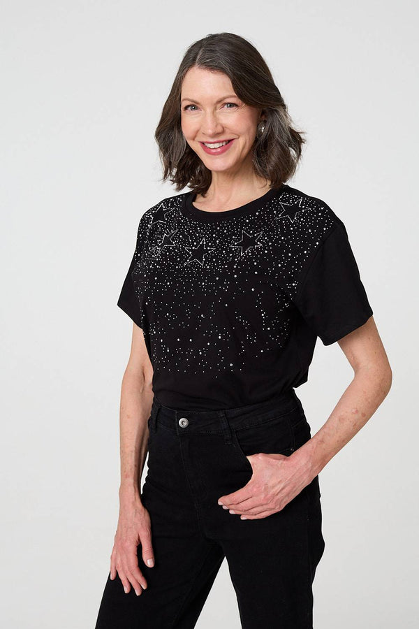 Black | Sparkly Star Print Short Sleeve T-Shirt
