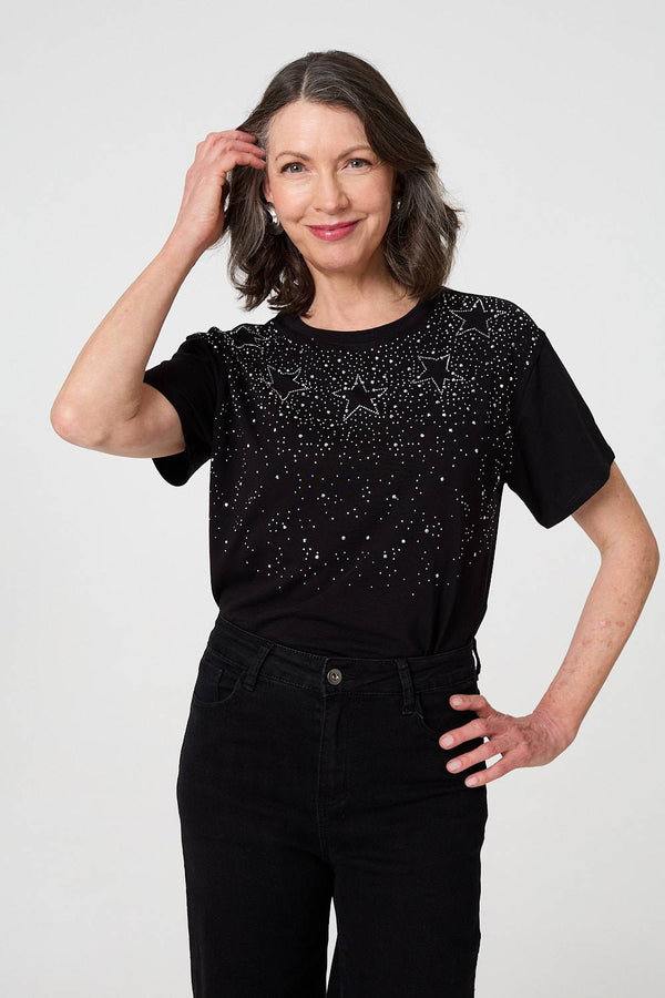 Black | Sparkly Star Print Short Sleeve T-Shirt
