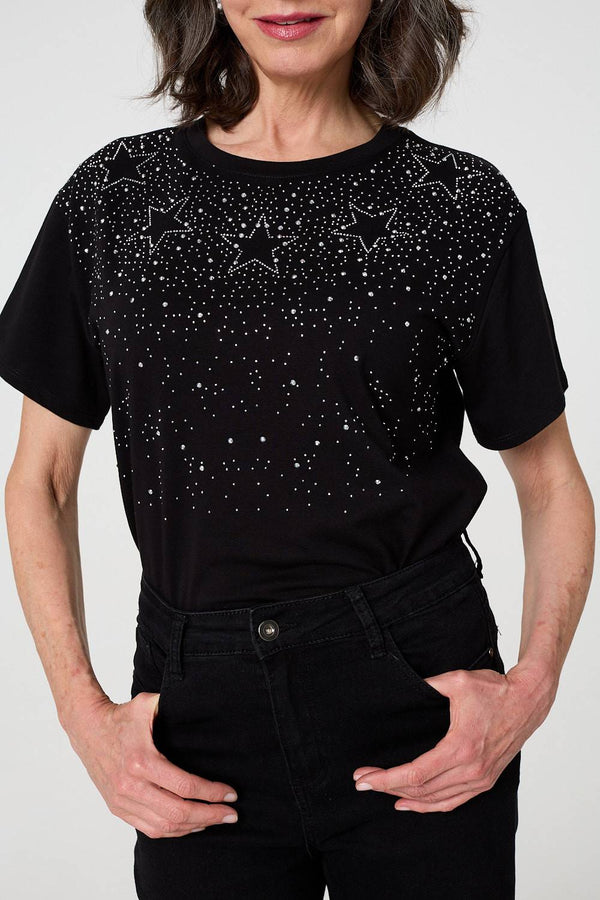 Black | Sparkly Star Print Short Sleeve T-Shirt
