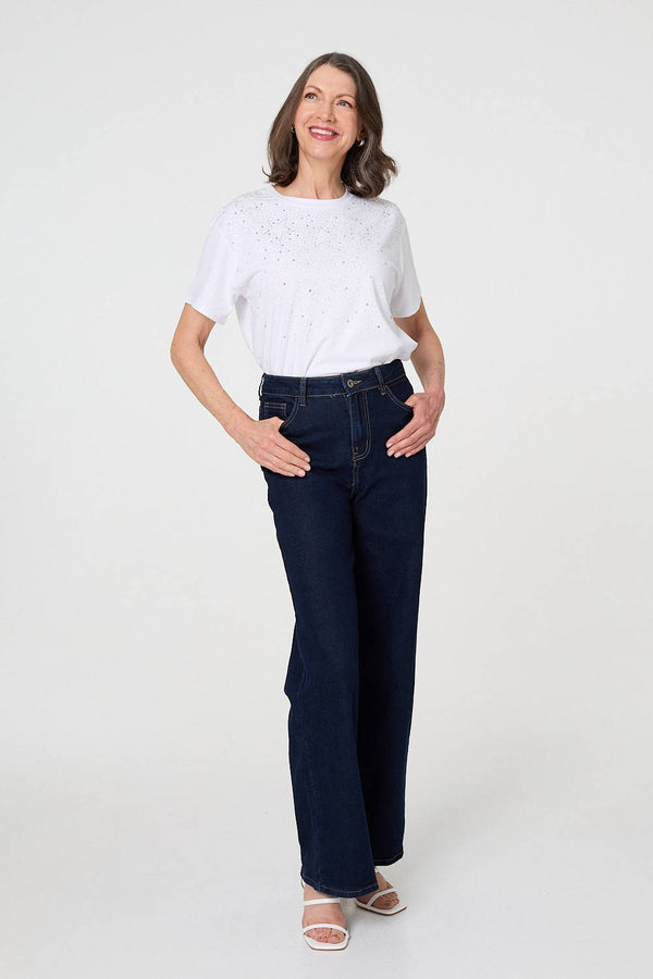 White | Sparkly Star Print Short Sleeve T-Shirt
