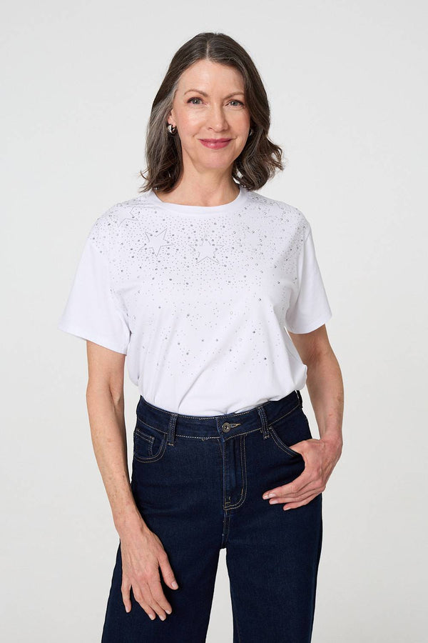 White | Sparkly Star Print Short Sleeve T-Shirt

