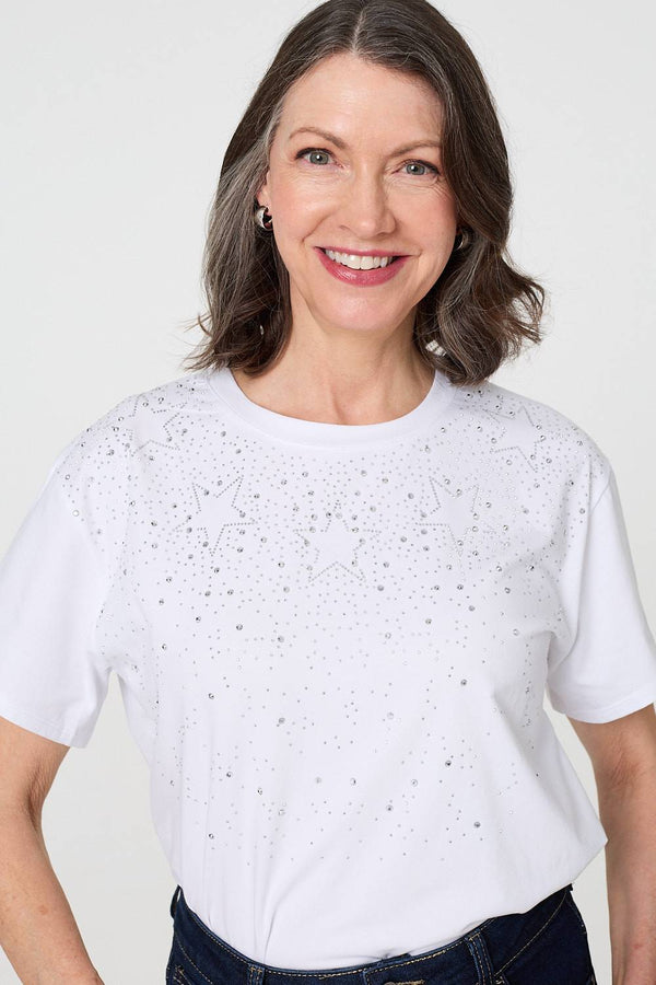 White | Sparkly Star Print Short Sleeve T-Shirt
