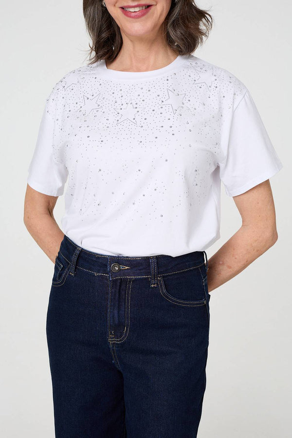 White | Sparkly Star Print Short Sleeve T-Shirt
