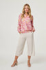 Pink | Floral Shirred 3/4 Sleeve V-Neck Blouse
