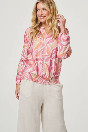 Pink | Floral Shirred 3/4 Sleeve V-Neck Blouse
