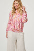 Pink | Floral Shirred 3/4 Sleeve V-Neck Blouse
