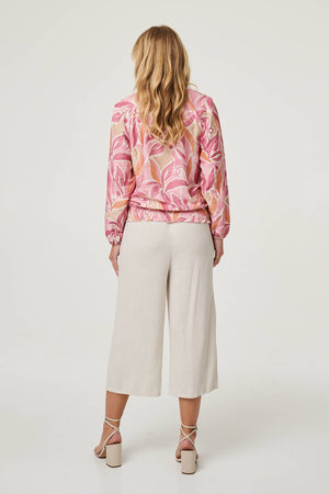 Pink | Floral Shirred 3/4 Sleeve V-Neck Blouse
