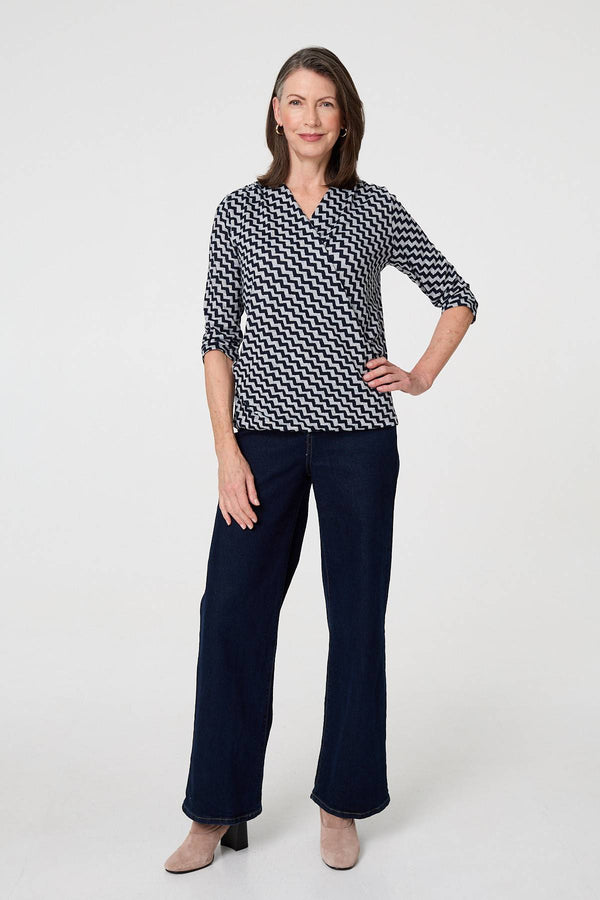 Navy | Chevron Print 3/4 Sleeve Wrap Front Top
