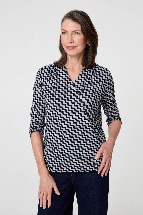 Navy | Chevron Print 3/4 Sleeve Wrap Front Top

