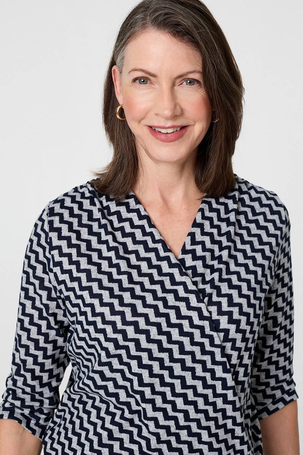 Navy | Chevron Print 3/4 Sleeve Wrap Front Top
