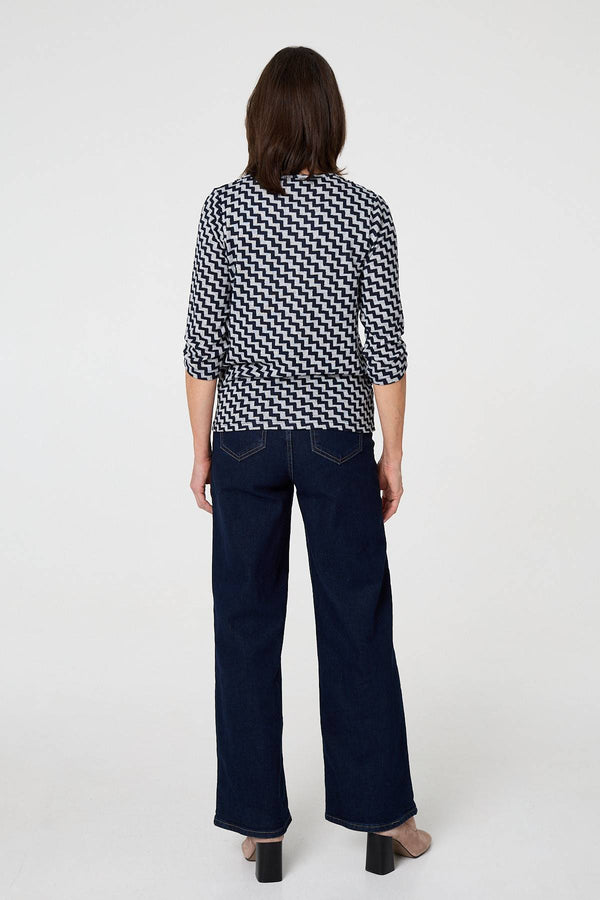 Navy | Chevron Print 3/4 Sleeve Wrap Front Top
