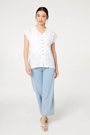 White | Floral Textured Cap Sleeve Blouse