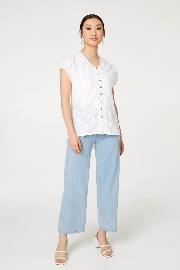 White | Floral Textured Cap Sleeve Blouse