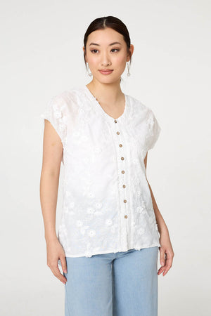 White | Floral Textured Cap Sleeve Blouse