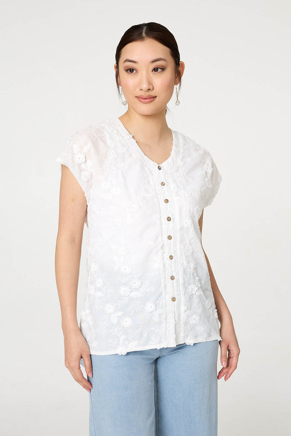 White | Floral Textured Cap Sleeve Blouse