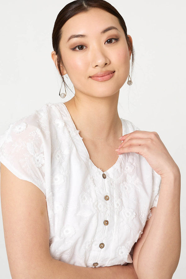 White | Floral Textured Cap Sleeve Blouse