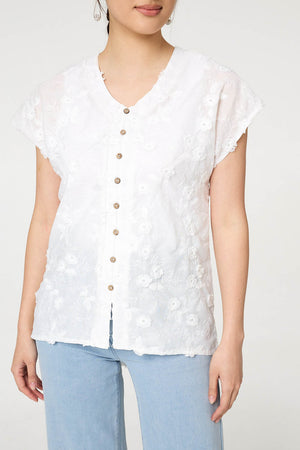 White | Floral Textured Cap Sleeve Blouse