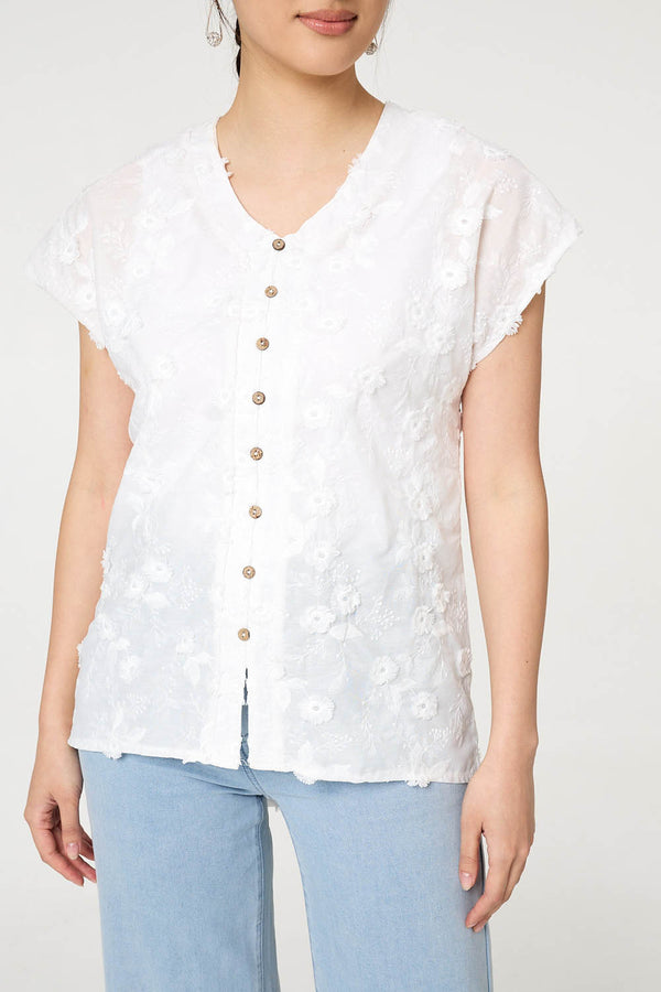 White | Floral Textured Cap Sleeve Blouse