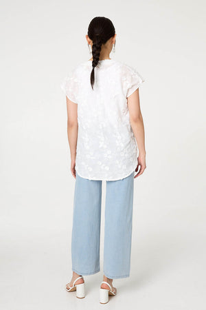 White | Floral Textured Cap Sleeve Blouse