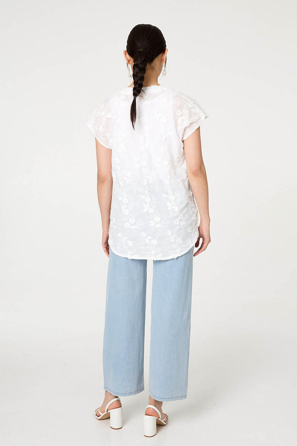 White | Floral Textured Cap Sleeve Blouse