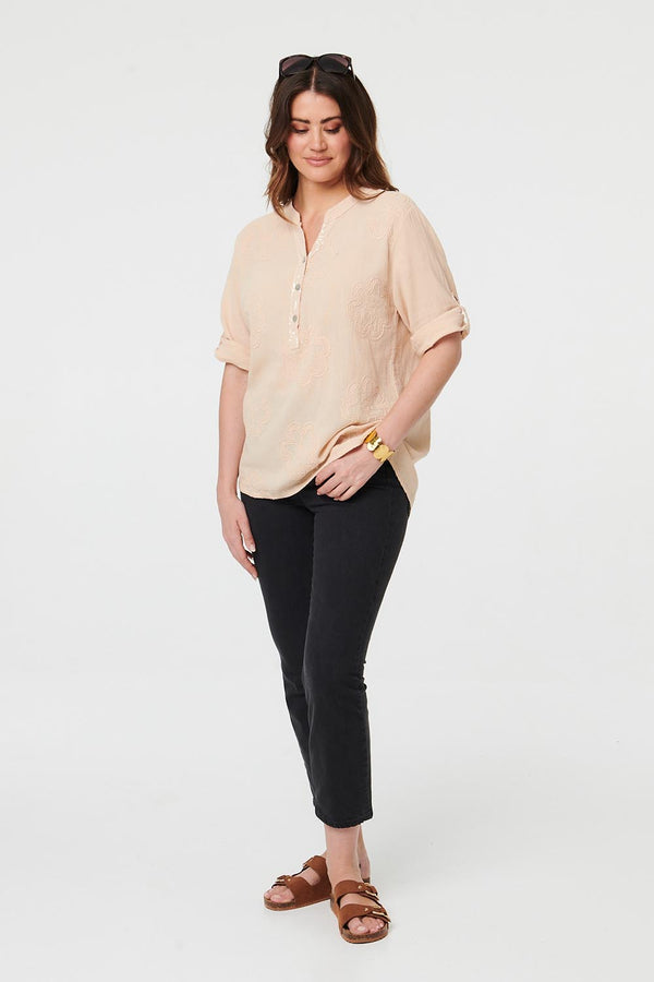 Beige | Floral 3/4 Sleeve Embroidered Blouse