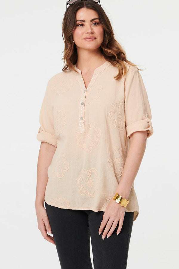 Beige | Floral 3/4 Sleeve Embroidered Blouse